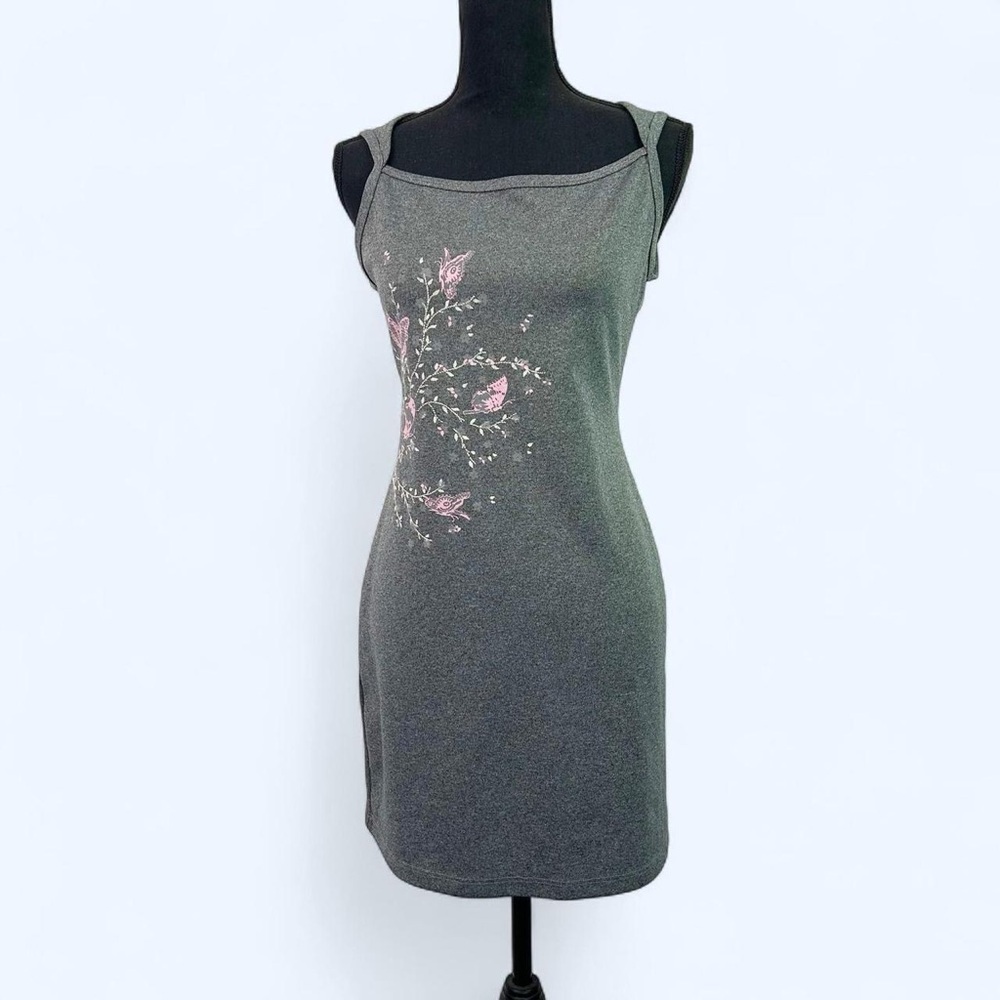 Vintage y2k Grey Butterfly Print Square Neck Sleeveless Bodycon Mini Dress Large